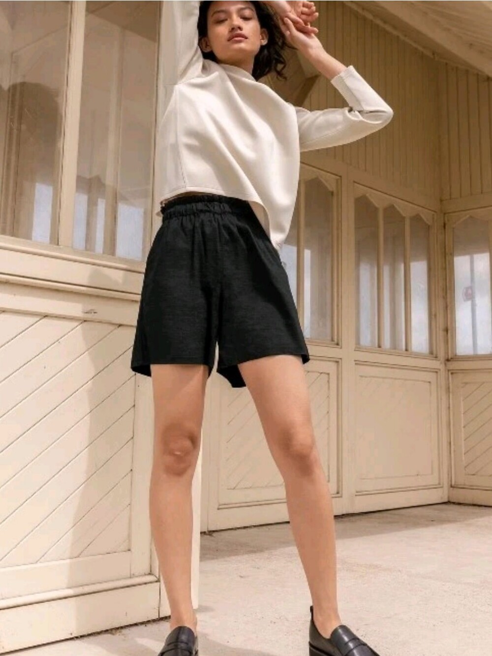 ADAY Paperbag Ease High Waist Black Linen Shorts Small Minimalist